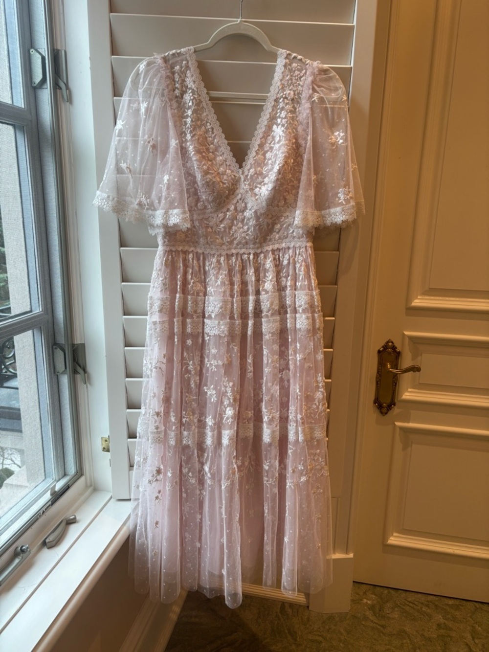 Needle & Thread Pale Pink Embroidered Midi Dress